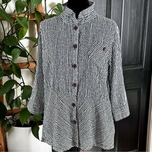 Terra SJ Apparel Button Up Ruffled Wire Collar Striped Blouse XL Navy White Art